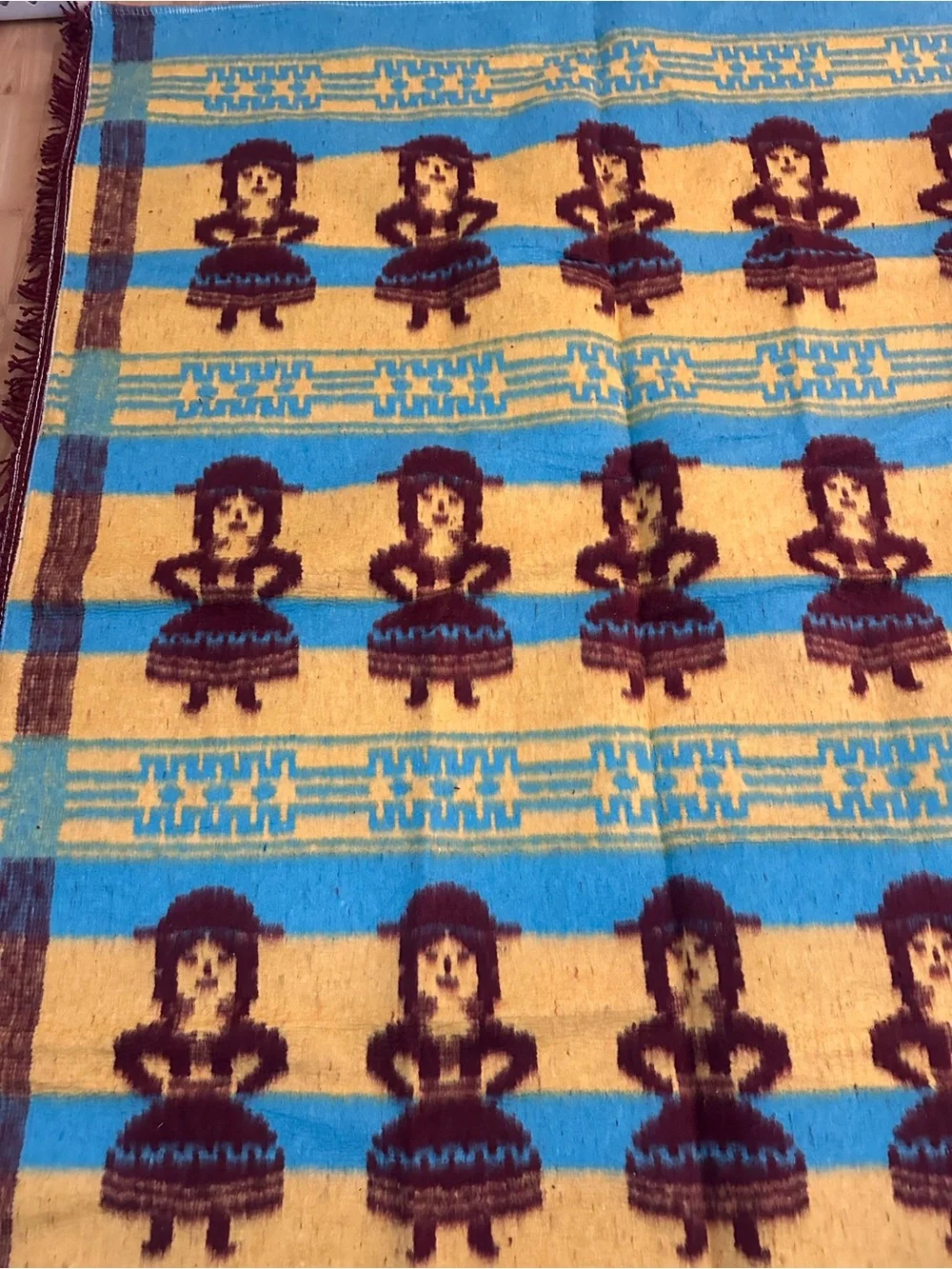 Vintage Peruvian Profitex Wool Blanket Folk Art Andean Figures